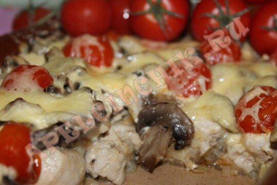 фото крупно запеканка с курицей, грибами и помидорами